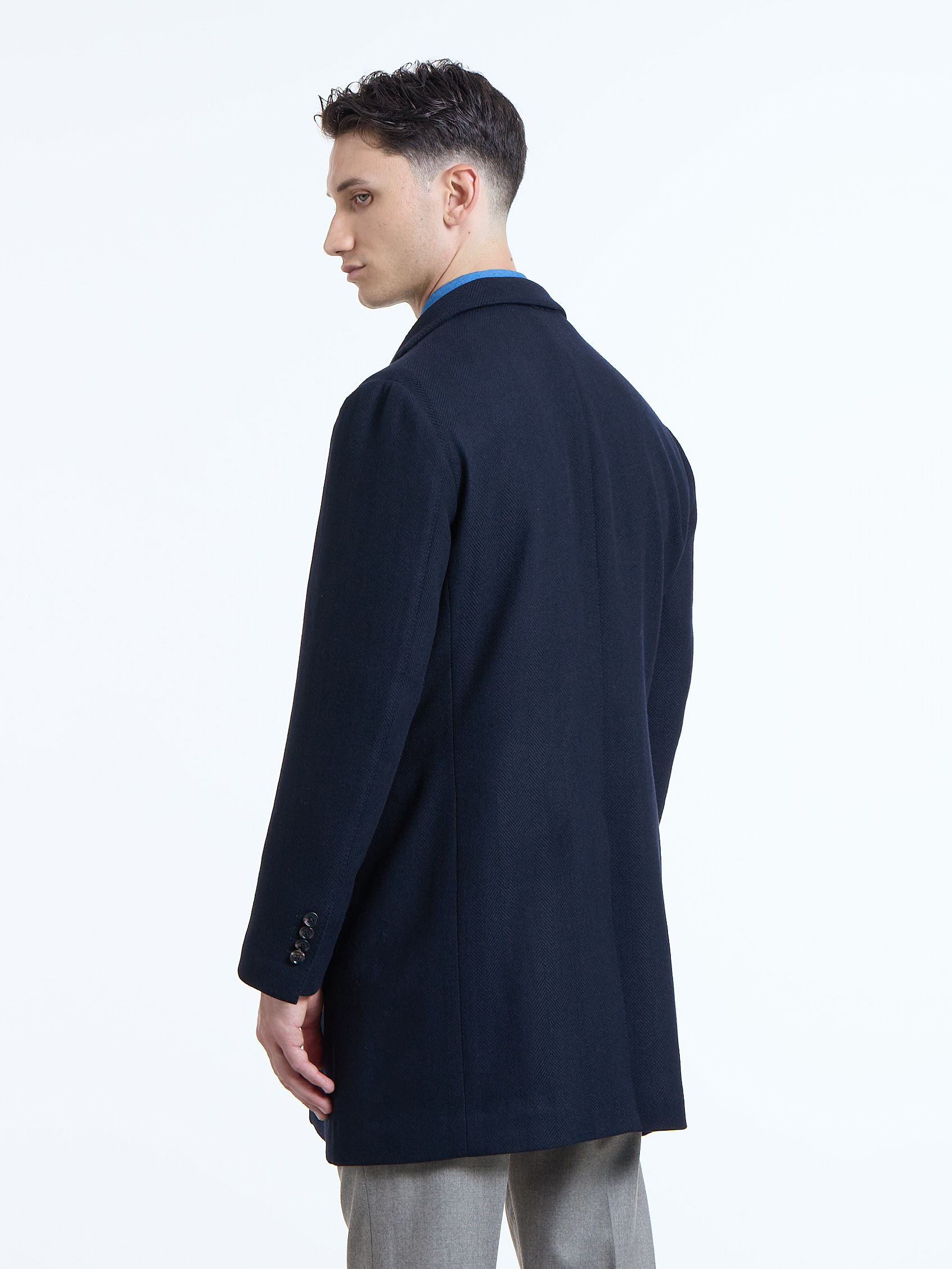 SINGLE-BREASTED WOOL/CASHMERE HERRINGBONE COAT - BLUE - LUIGI